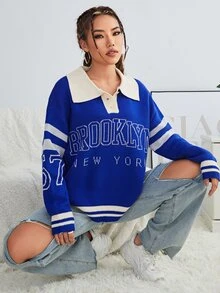 Jersey con patrón de letra de cuello polo ribete de rayas de hombros caídos - azul real - Ver 5