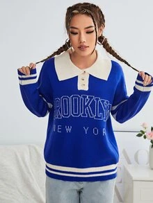 Jersey con patrón de letra de cuello polo ribete de rayas de hombros caídos - azul real - Ver 6