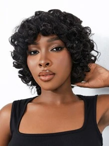 彈性卷短頭髮小精靈髮型機器製造假髮帶劉海自然黑色人類頭髮適用於女士頂級品質 - SNatural - 查看 6