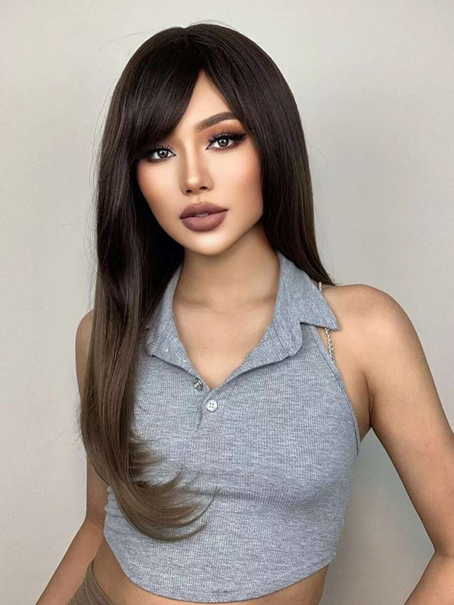 HAIRCUBE 20 英寸棕色劉海中長直發華麗美麗優雅合成假髮女式 - 彩色 - 查看 1