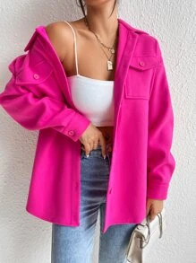 EMERY ROSE Flap Pocket Drop Shoulder Overcoat Fall Winter Cloth For Women - Hot Pink - View 1