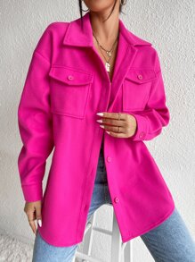 EMERY ROSE Flap Pocket Drop Shoulder Overcoat Fall Winter Cloth For Women - Hot Pink - View 3