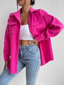 EMERY ROSE Flap Pocket Drop Shoulder Overcoat Fall Winter Cloth For Women - Hot Pink - View 4