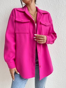 EMERY ROSE Flap Pocket Drop Shoulder Overcoat Fall Winter Cloth For Women - Hot Pink - View 5