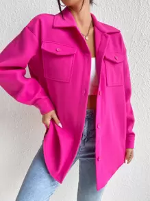 EMERY ROSE Flap Pocket Drop Shoulder Overcoat Fall Winter Cloth For Women - Hot Pink - View 6