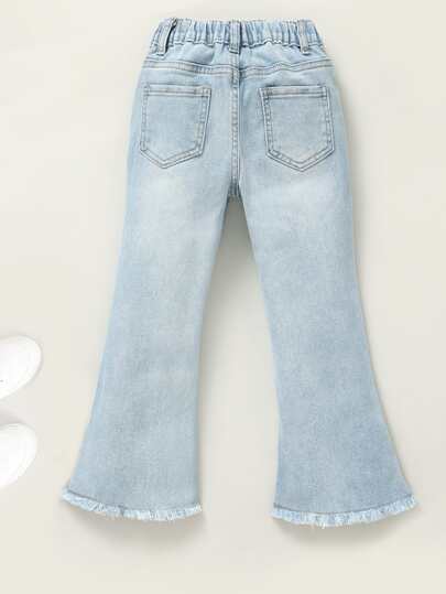 SHEIN Playful Pals Young Girl Light Wash Ripped & Frayed Hem Flare Jeans, Casual & Versatile With Stretch, School, Campus, College
