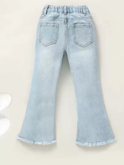 SHEIN Playful Pals Young Girl Light Wash Ripped & Frayed Hem Flare Jeans, Casual & Versatile With Stretch, School, Campus, College