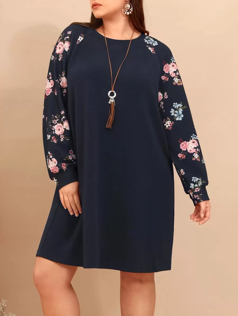 EMERY ROSE Vestido con estampado floral de manga raglán - Azul Marino - Ver 1