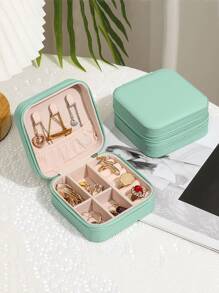 1pc Portable Travel Pu Leather Jewelry Storage Box - Blue - View 1