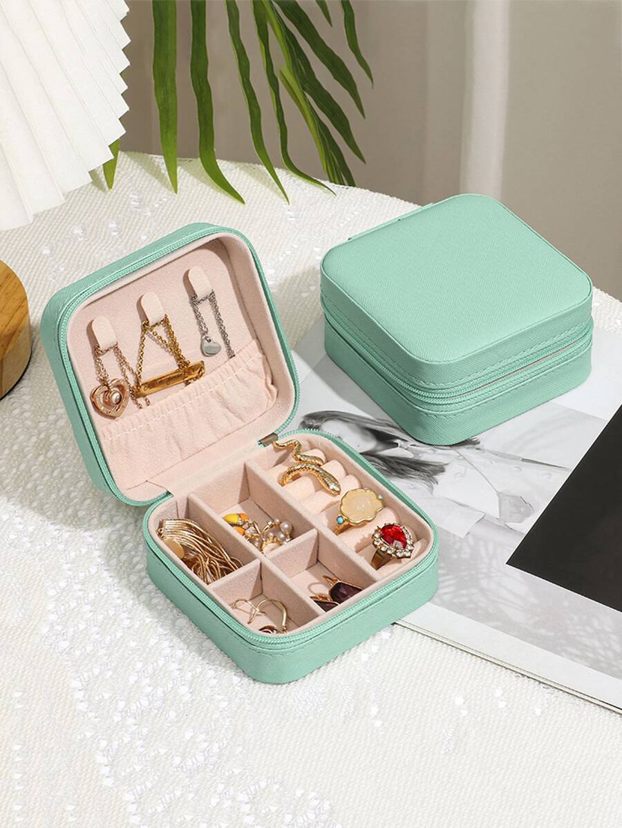 1pc Portable Travel Pu Leather Jewelry Storage Box - Blue - View 1