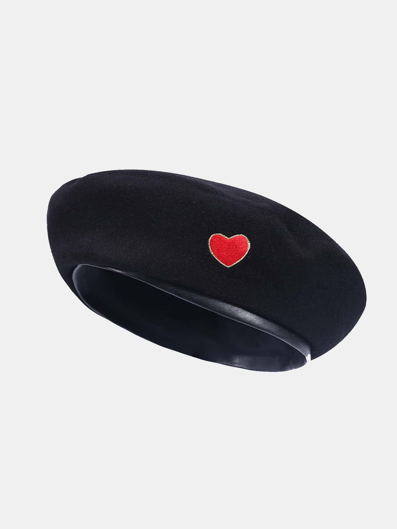 100% Wool Heart Embroidered Beret - Black - View 1