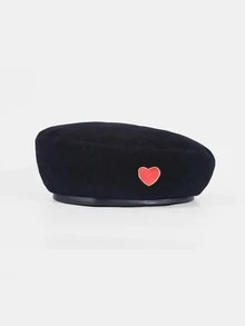 100% Wool Heart Embroidered Beret - Black - View 2