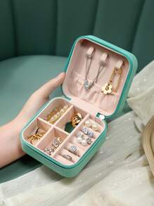 1pc Portable Travel Pu Leather Jewelry Storage Box - Blue - View 2
