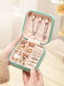 1pc Portable Travel Pu Leather Jewelry Storage Box - Blue - View 5