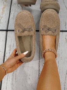Bow Decor Fluffy Bedroom Slippers - Khaki - View 1