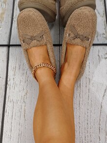 Bow Decor Fluffy Bedroom Slippers - Khaki - View 2