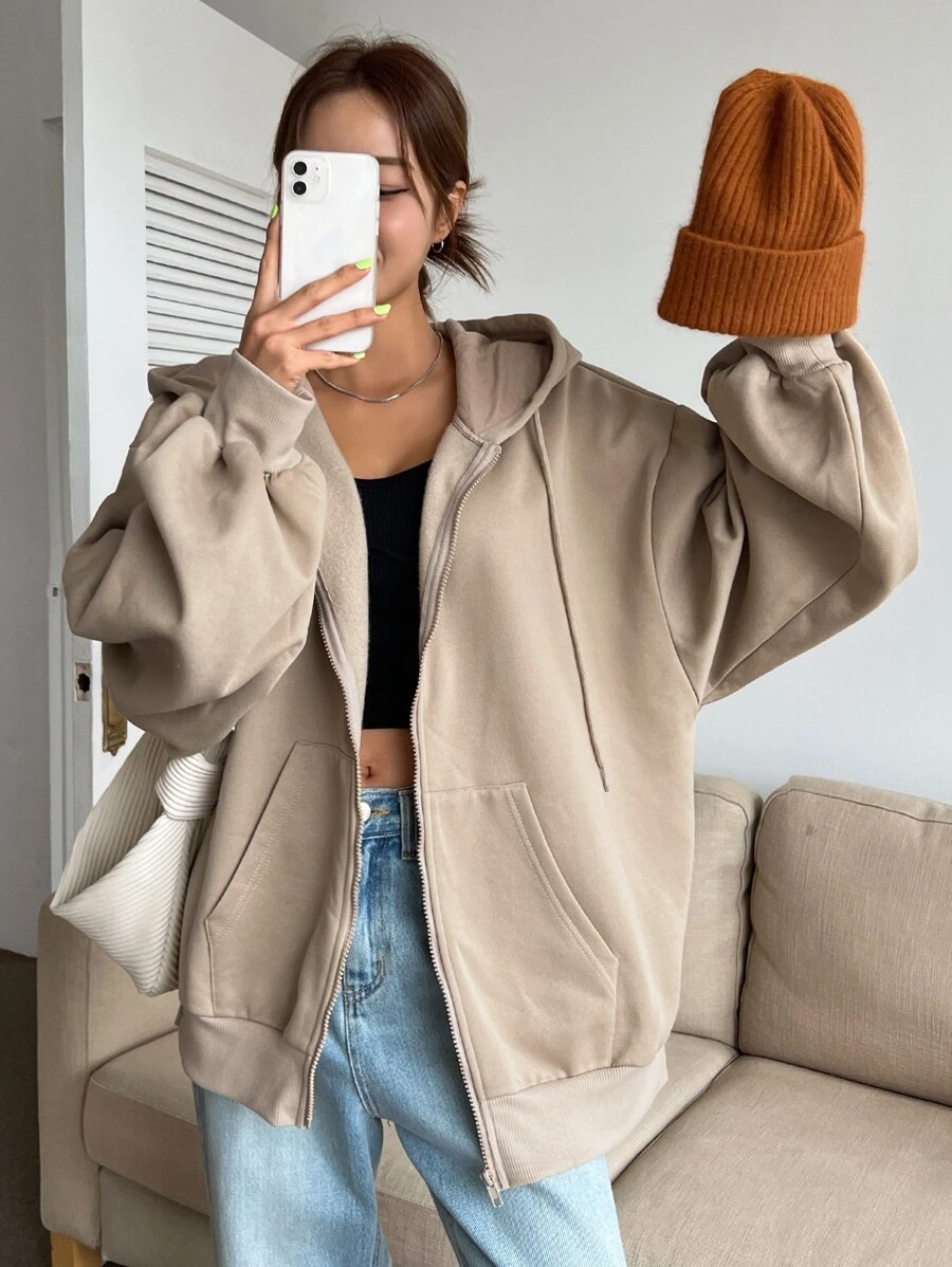 DAZY 拉链落肩抽绳保暖内衬连帽衫，秋季女装运动衫夹克