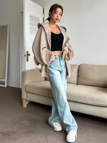 DAZY 拉链落肩抽绳保暖内衬连帽衫，秋季女装运动衫夹克