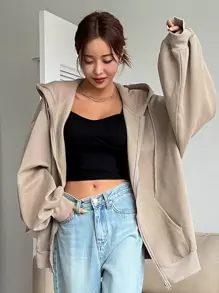 DAZY 拉链落肩抽绳保暖内衬连帽衫，秋季女装运动衫夹克