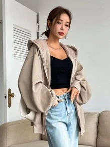 DAZY 拉链落肩抽绳保暖内衬连帽衫，秋季女装运动衫夹克