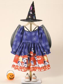 小女童萬聖印花方領荷葉袖洋裝