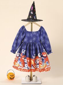 小女童萬聖印花方領荷葉袖洋裝