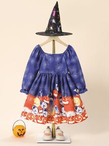 小女童萬聖印花方領荷葉袖洋裝
