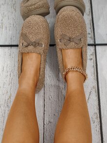 Bow Decor Fluffy Bedroom Slippers - Khaki - View 3