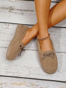 Bow Decor Fluffy Bedroom Slippers - Khaki - View 4