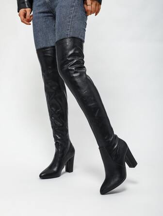 Timesize Schwarze Overknee-Stiefel, Damen Stiefel mit dickem Absatz, super hohe Absätze, elastische Overknee-Stiefel, modische Winterstiefel, sexy Damenstiefel