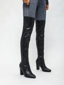 Timesize 黑色过膝长靴，女式粗跟高筒靴，超高跟，弹力过膝靴，时尚冬季靴子性感女士靴 - 黑色 - 查看 3