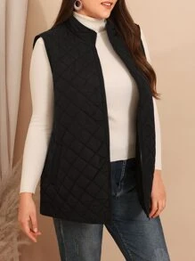 EMERY ROSE Plus Zip Up Quilted Vest Coat, For Winter Fall Autumn - Black - View 1