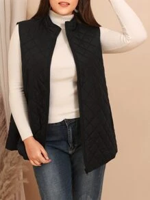 EMERY ROSE Plus Zip Up Quilted Vest Coat, For Winter Fall Autumn - Black - View 3