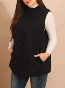 EMERY ROSE Plus Zip Up Quilted Vest Coat, For Winter Fall Autumn - Black - View 4