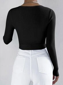SHEIN EZwear Ribbed Knit Crop Cardigan,Long Sleeve Tops