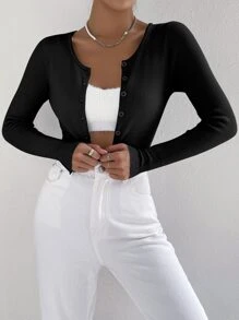 SHEIN EZwear Ribbed Knit Crop Cardigan,Long Sleeve Tops