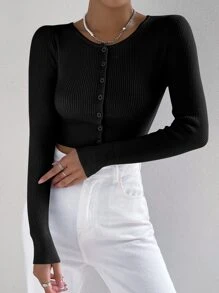 SHEIN EZwear Ribbed Knit Crop Cardigan,Long Sleeve Tops