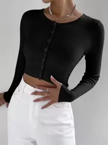 SHEIN EZwear Ribbed Knit Crop Cardigan,Long Sleeve Tops