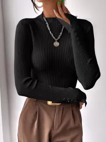BizChic Split Cuff Ribbed Knit Sweater Workwear - Black - View 1