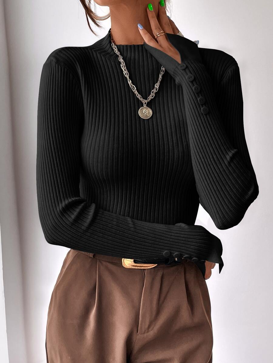 BizChic Split Cuff Ribbed Knit Sweater Workwear - Black - View 1