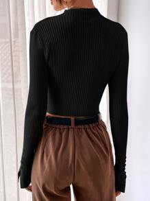 BizChic Split Cuff Ribbed Knit Sweater Workwear - Black - View 2