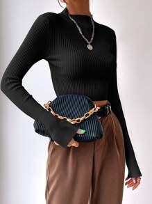 BizChic Split Cuff Ribbed Knit Sweater Workwear - Black - View 3
