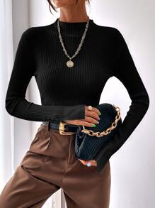 BizChic Split Cuff Ribbed Knit Sweater Workwear - Black - View 4