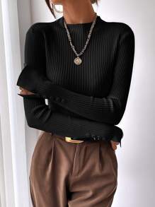 BizChic Split Cuff Ribbed Knit Sweater Workwear - Black - View 5