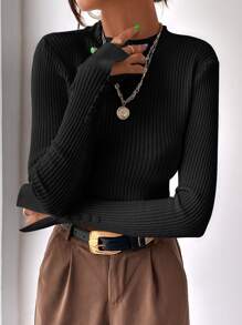 BizChic Split Cuff Ribbed Knit Sweater Workwear - Black - View 6