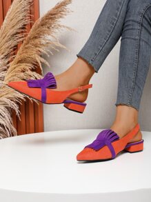 Women Faux Suedette Neon Orange Fringe Decor Flats, Funky Point Toe Slingback Flats - Orange - View 1