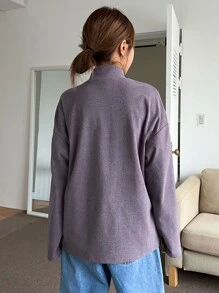 DAZY Áo thun nữ dài tay cổ bẻ có miếng vá vai trễ vai - Màu tím - Xem 2