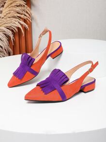 Women Faux Suedette Neon Orange Fringe Decor Flats, Funky Point Toe Slingback Flats - Orange - View 2