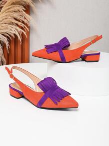 Women Faux Suedette Neon Orange Fringe Decor Flats, Funky Point Toe Slingback Flats - Orange - View 3