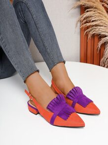 Women Faux Suedette Neon Orange Fringe Decor Flats, Funky Point Toe Slingback Flats - Orange - View 4